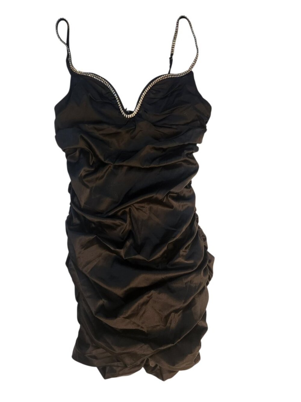 The Vintage Shop Black Mini Dress Size L Ruched Rhinestone Spaghetti Strap